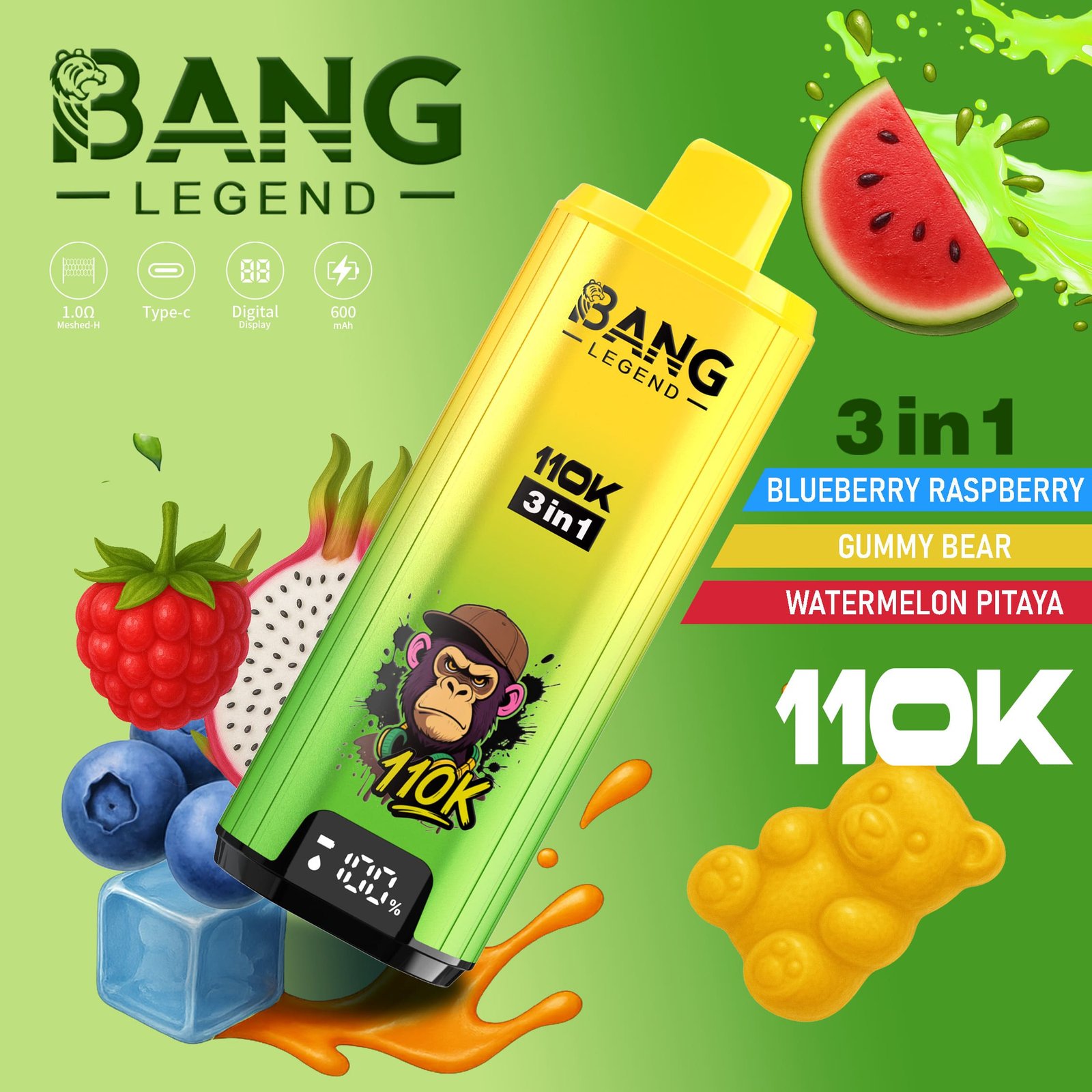 Bang Legend 110K Puffs 3 az 1-ben Vape – Ultra hosszú élettartam, hálós tekercs, Type-C töltés, 12 ízkombó - Image 3