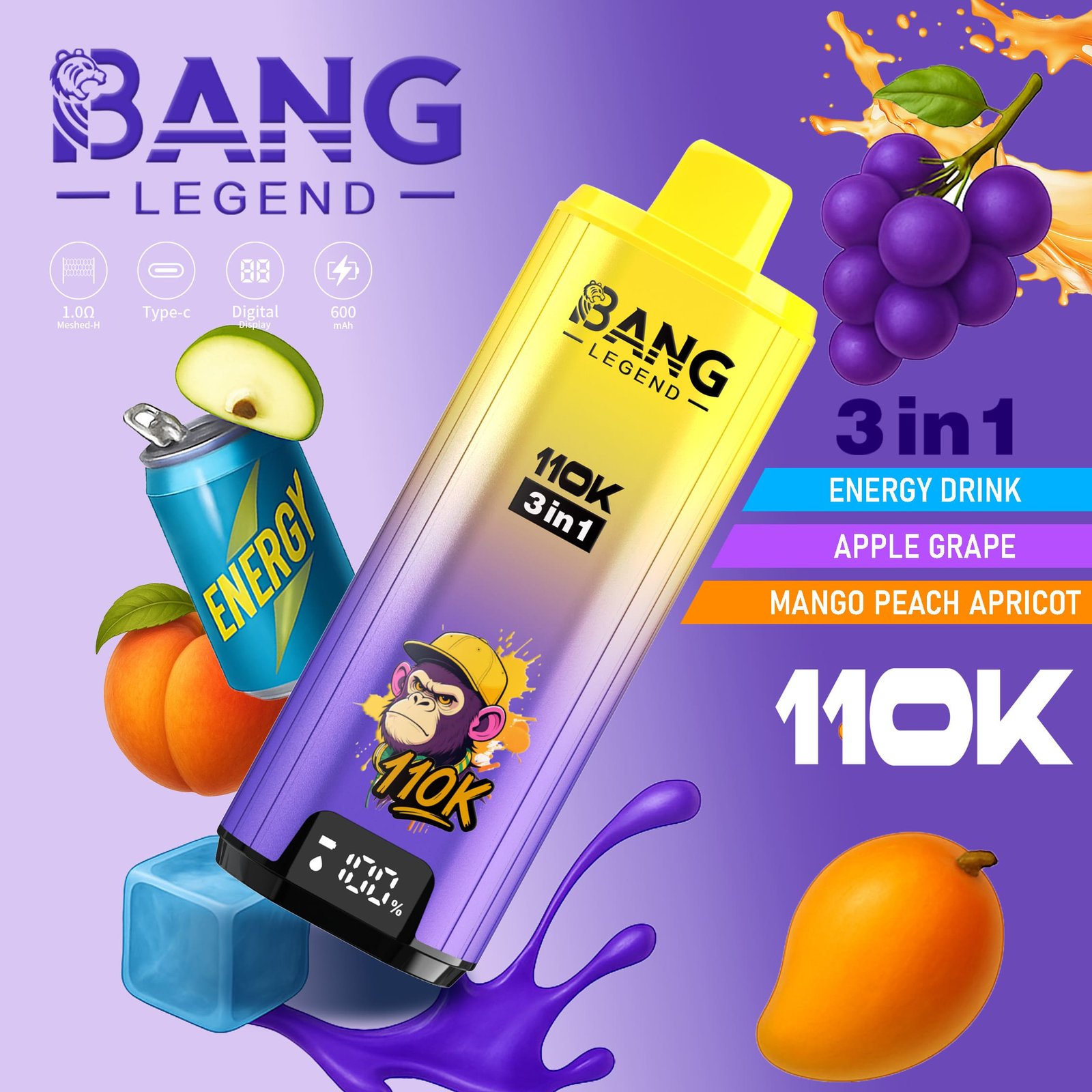 Bang Legend 110K Puffs 3 az 1-ben Vape – Ultra hosszú élettartam, hálós tekercs, Type-C töltés, 12 ízkombó - Image 5