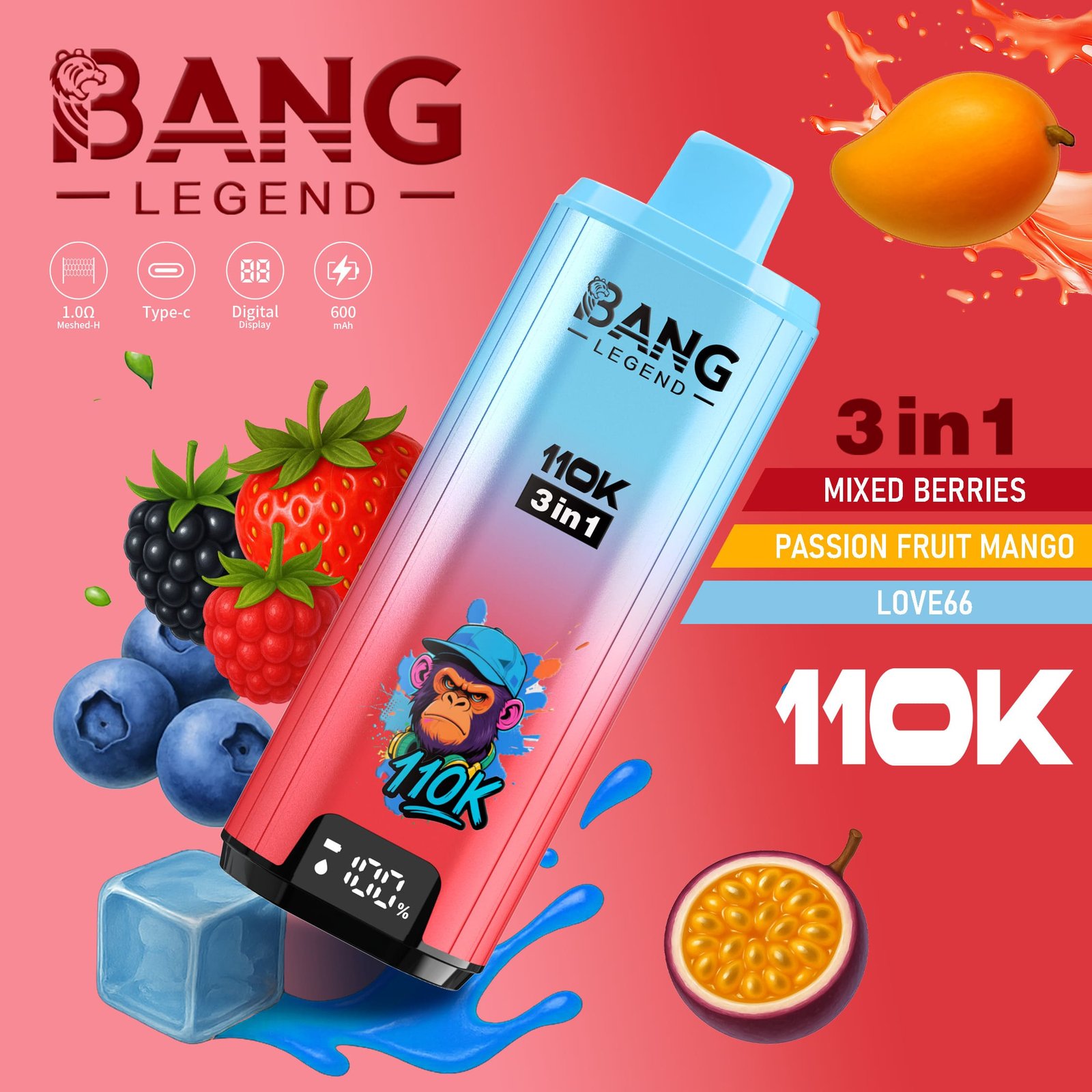 Bang Legend 110K Puffs 3 az 1-ben Vape – Ultra hosszú élettartam, hálós tekercs, Type-C töltés, 12 ízkombó - Image 6