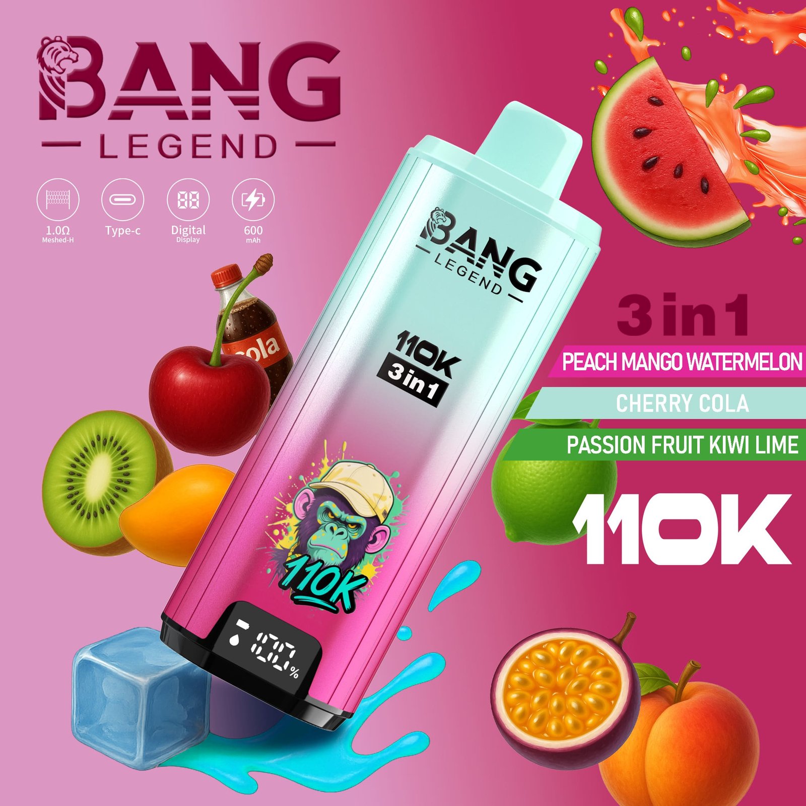 Bang Legend 110K Puffs 3 az 1-ben Vape – Ultra hosszú élettartam, hálós tekercs, Type-C töltés, 12 ízkombó - Image 7