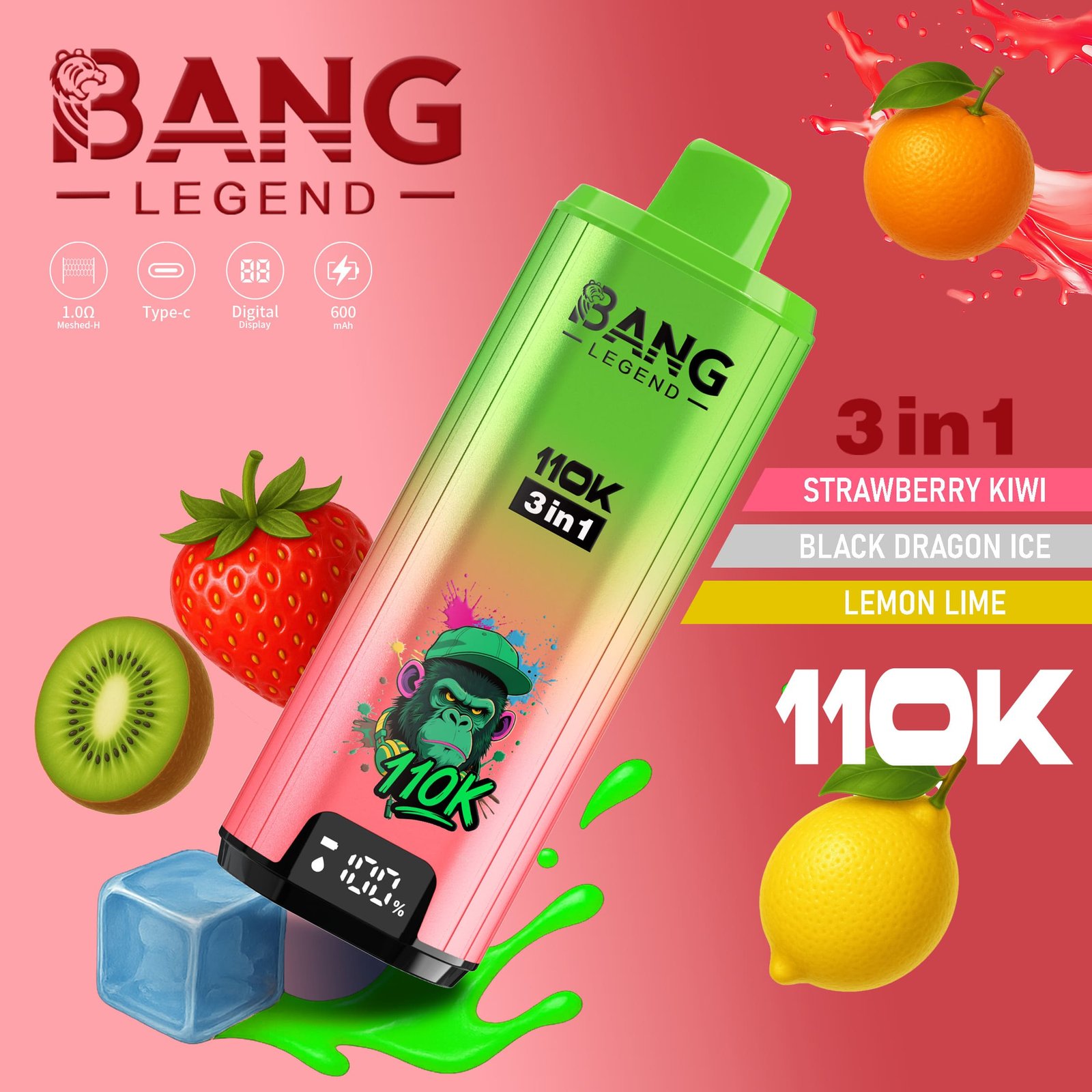 Bang Legend 110K Puffs 3 az 1-ben Vape – Ultra hosszú élettartam, hálós tekercs, Type-C töltés, 12 ízkombó - Image 9