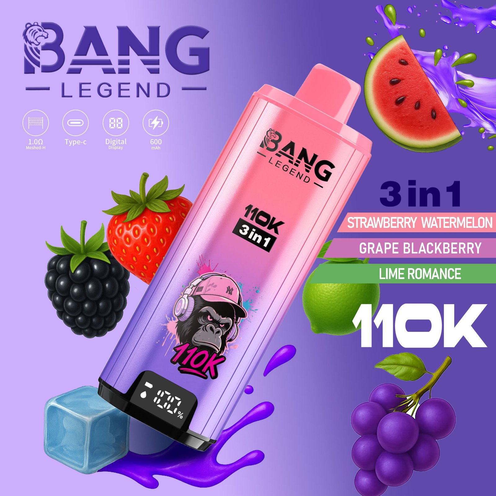 Bang Legend 110K Puffs 3 az 1-ben Vape – Ultra hosszú élettartam, hálós tekercs, Type-C töltés, 12 ízkombó - Image 11