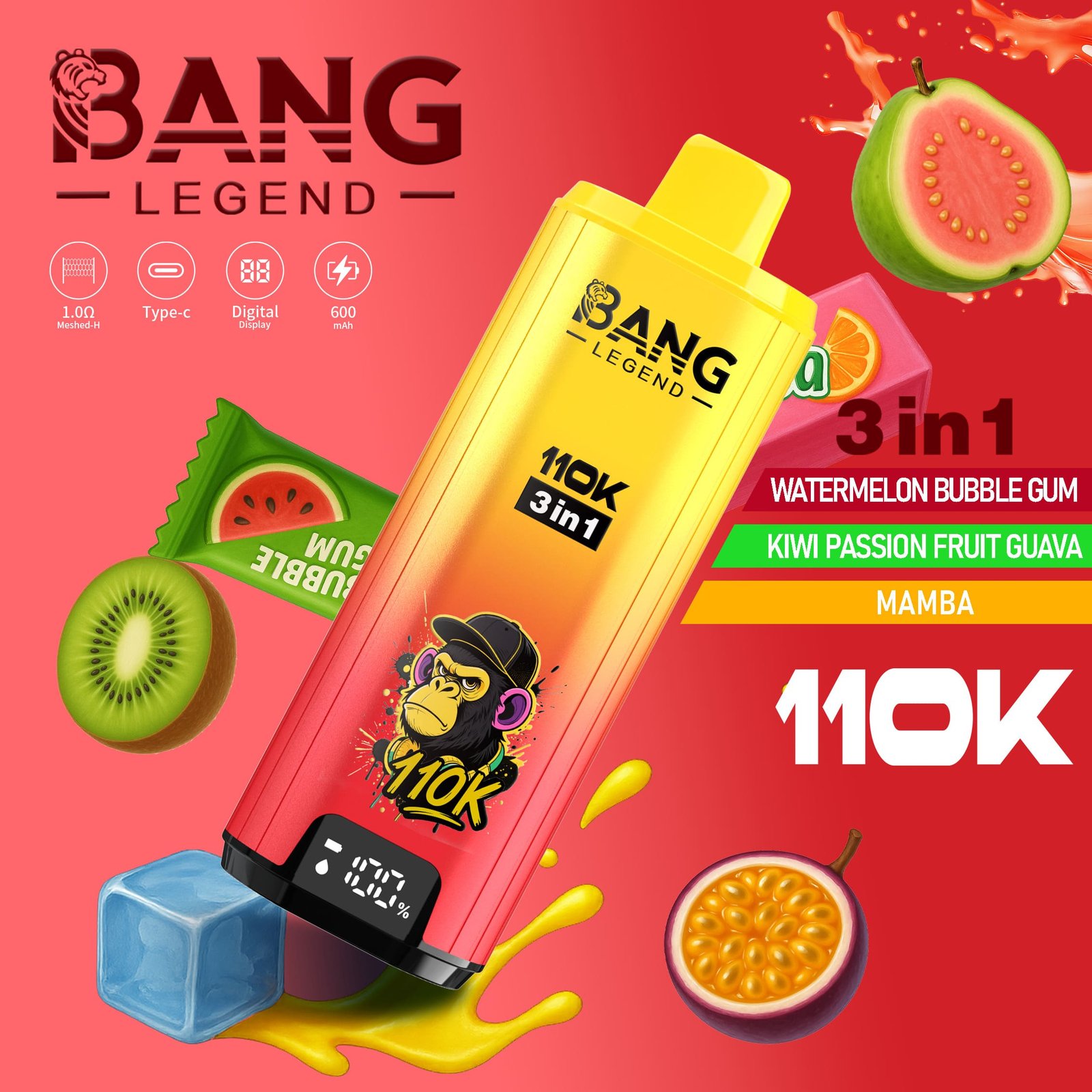 Bang Legend 110K Puffs 3 az 1-ben Vape – Ultra hosszú élettartam, hálós tekercs, Type-C töltés, 12 ízkombó - Image 12