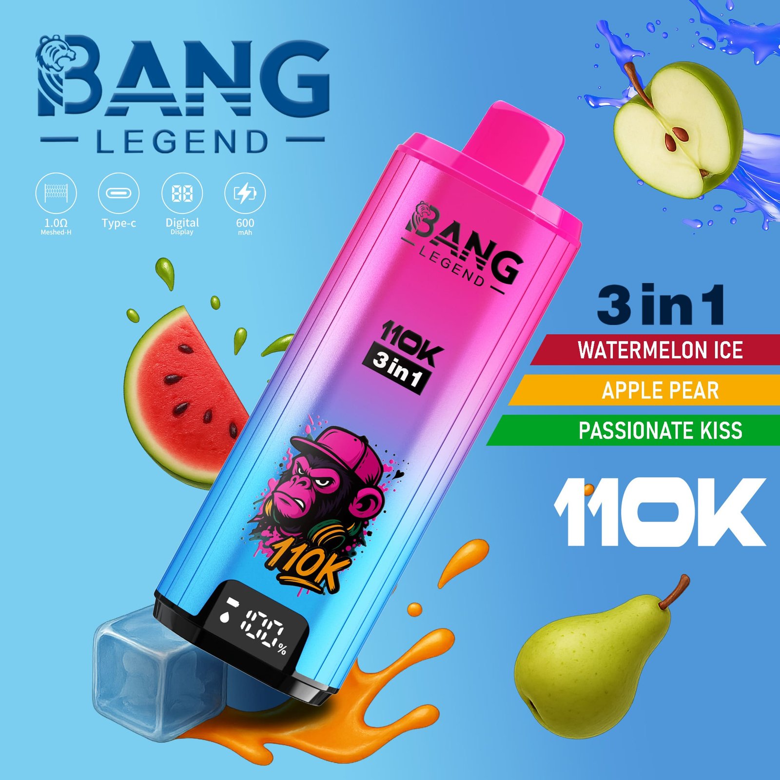 Bang Legend 110K Puffs 3 az 1-ben Vape – Ultra hosszú élettartam, hálós tekercs, Type-C töltés, 12 ízkombó - Image 13