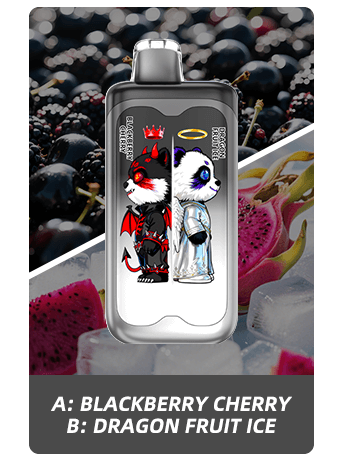 A-Blackberry-Cherry-B-Dragon-Fruit-Ice Merry Mi Panda Twins 20000 Puffs 2 az 1-ben Eldobható Vape – Két Íz Egy Készülékben - Image 1