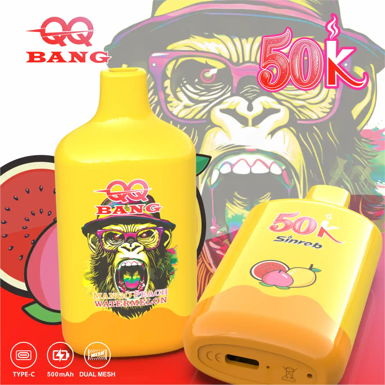 QQ BANG 50000 Puffs Mango Peach Watermelon QQ BANG 50000 Puffs Eldobható Vape – 50 000 Puff • Dual Mesh • Újratölthető - Image 1