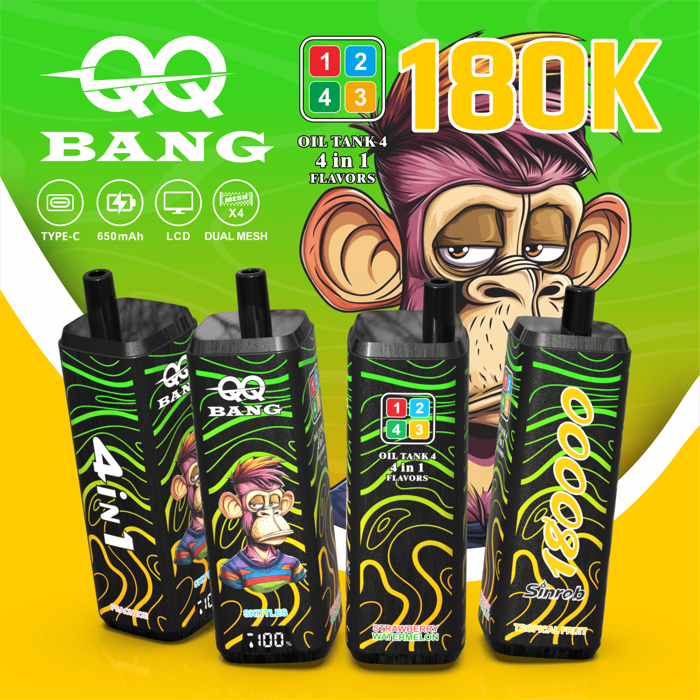 VapePurchase-qq-bang-180000-180k-puffs-tropical-fruit-peach-ice-skittles-strawberry-watermelon QQ BANG 180K Eldobható Vape – 180 000 Puff • 4 az 1-ben Ízrendszer • LCD Kijelző - Image 1