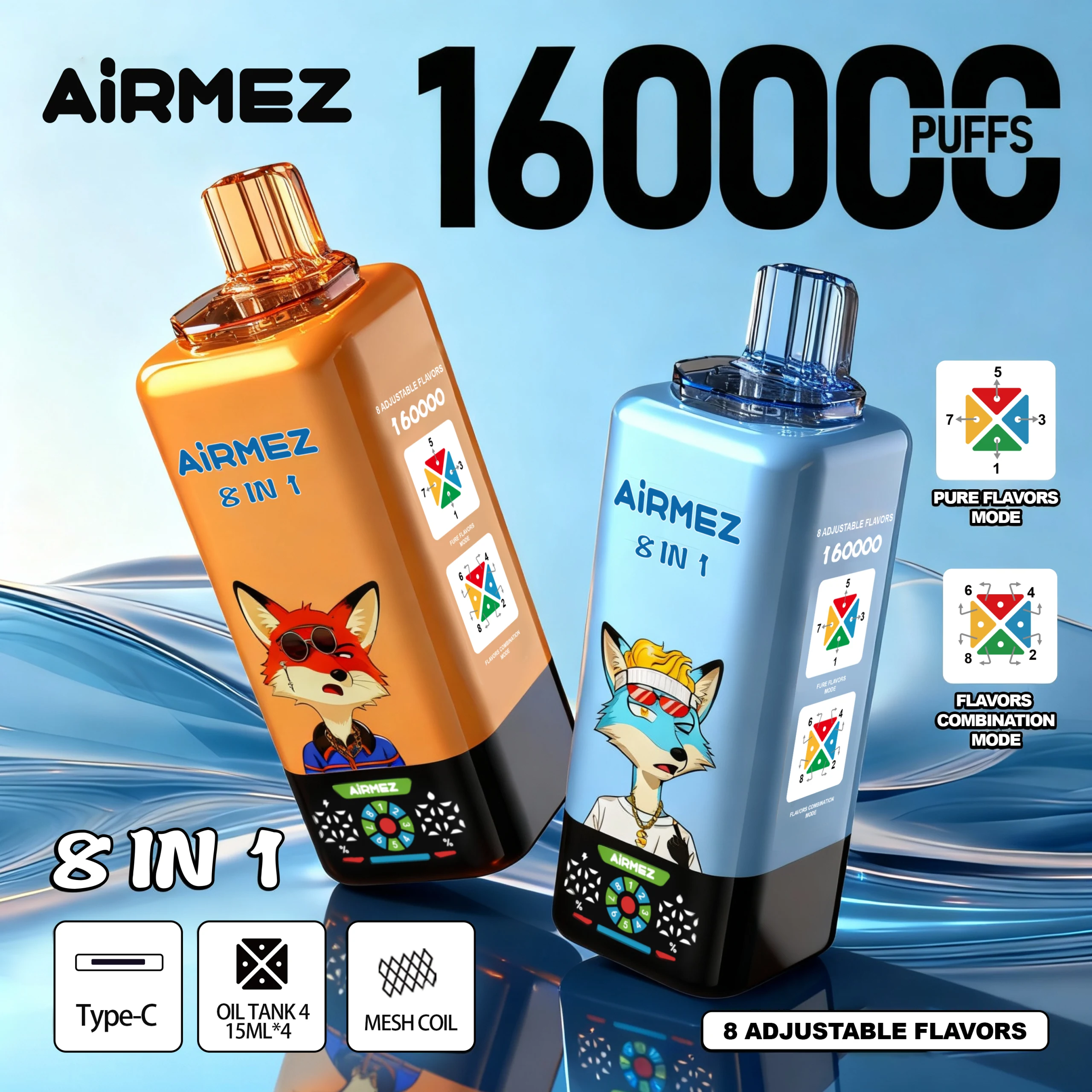 Airmez Fox 8IN1 160K Puffs (WebP) Airmez Fox 8IN1 160K Puffs – 8 ízű eldobható vape, akár 160 000 slukk - Image 1